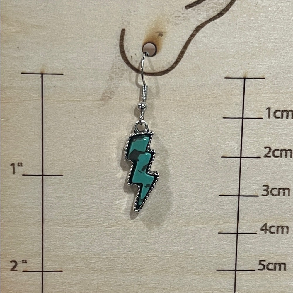 Turquoise Clay Lightning Bolt Silver Dangle Earrings | Boho Western Jewelry - Picture 2 of 2